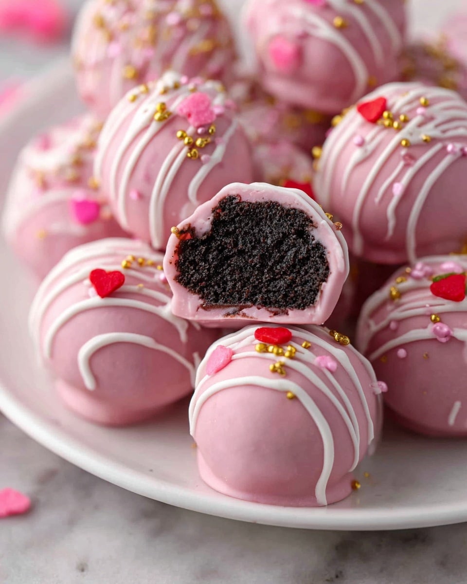 A single round pink truffle sits on a white marbled surface, covered with smooth pink coating. White icing is drizzled in curved lines on top, with small red, yellow, and white sprinkles scattered over the icing and the surface around it. The background is softly blurred with warm tones. photo taken with an iphone --ar 4:5 --v 7