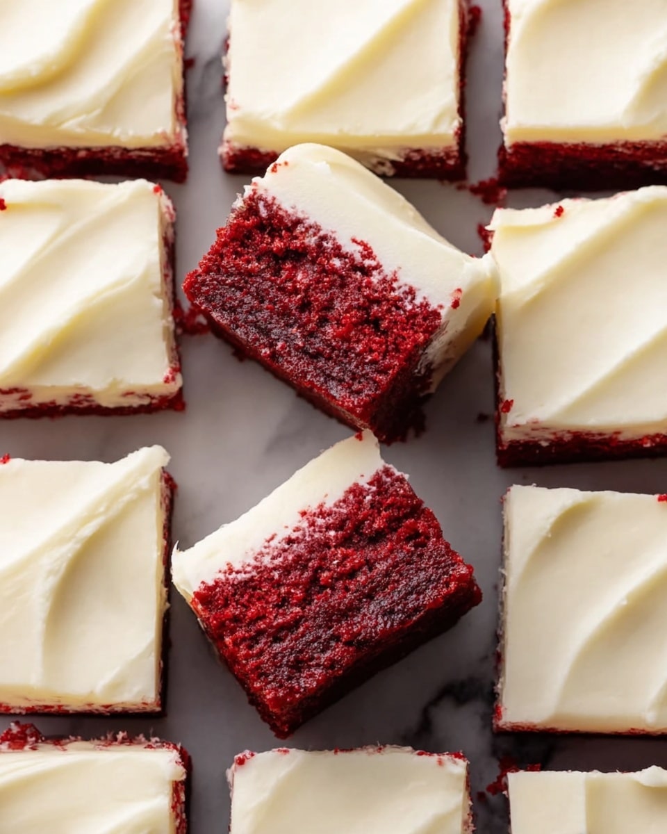 The image shows three slices of red velvet cake stacked side by side on a white marbled surface. Each slice has two thick layers of deep red cake with a soft and moist texture, separated by a smooth, creamy white frosting layer in the middle. The top and sides of the slices are covered with a thick layer of the same white frosting, which looks smooth and slightly glossy. A woman's hand is holding one slice at the edge. Photo taken with an iphone --ar 4:5 --v 7