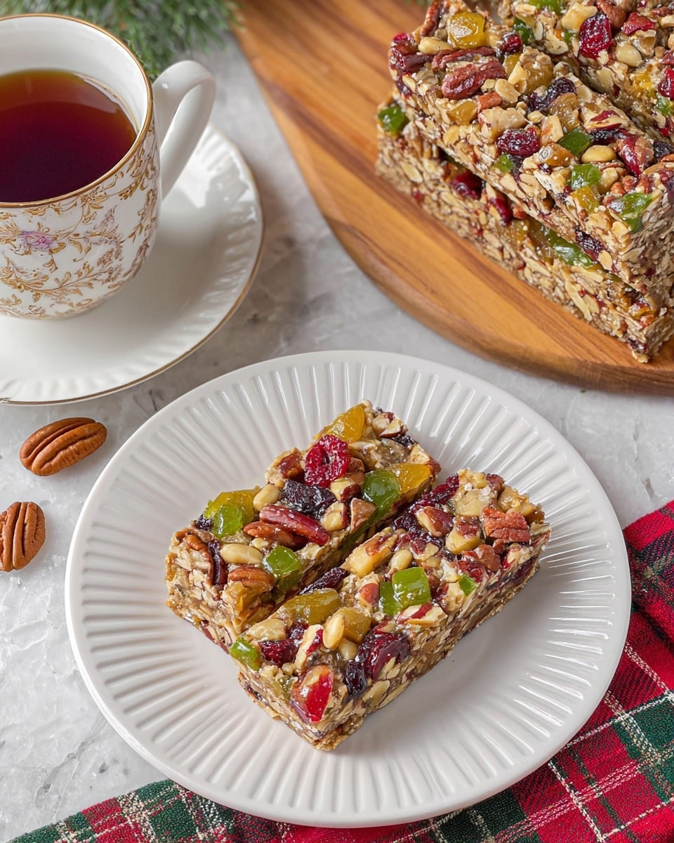 A rectangular slice of fruitcake sits on a white plate with ridged edges, showing a dense, moist texture packed with chopped nuts and colorful candied fruits. The cake has visible layers of brown nuts, translucent golden pieces, bright red cherries, and green candied bits all mixed evenly throughout the slice. On the plate next to the cake slice are two whole pecans and a silver fork with a simple design. The background surface is a white marbled texture with blurred red and green objects in soft focus behind. Photo taken with an iphone --ar 4:5 --v 7