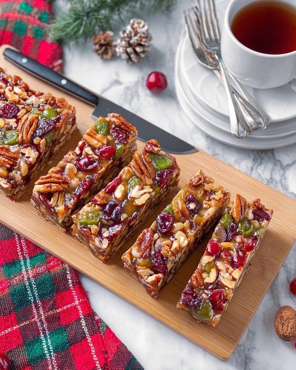 Two thick fruit and nut bars sit side by side on a white plate with ridged edges. Each bar has multiple layers of colors and textures, filled with large pieces of green and red candied fruit, brown nuts, and a light brown chewy base. The bars show a mix of shiny and matte surfaces, highlighting the different dried fruits and nuts embedded throughout. Behind the plate on a wooden board, more fruit and nut bars are stacked, revealing the dense, chunky texture consisting of various small nuts and candied fruits in similar colors. To the left, a white cup with an intricate floral pattern holds dark tea, and a single pecan lies on the white marbled table beneath the board. A plaid red and green cloth is partly visible on the lower right corner. Photo taken with an iphone --ar 4:5 --v 7