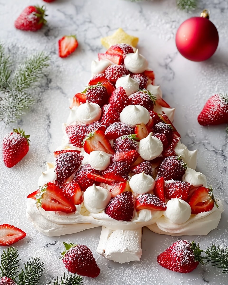 The dish is shaped like a Christmas tree with three main layers: a white meringue base that forms the full tree shape, topped with dollops of white whipped cream placed evenly across the tree, and covered with whole and sliced bright red strawberries scattered generously over the cream. The tree sits on a white marbled surface lightly dusted with powdered sugar, adding a snowy effect. Around the tree, whole strawberries, some sprigs of pine, a halved strawberry, and a red ornament ball add color and holiday decoration. photo taken with an iphone --ar 4:5 --v 7