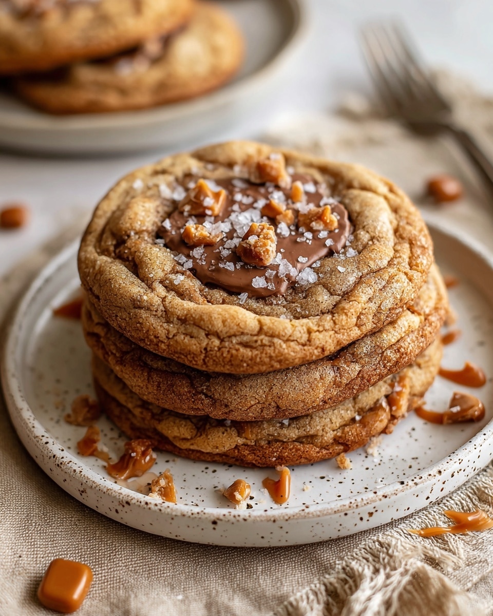 Three round cookies lie on a white rectangular plate with a light brown rim, placed diagonally across the image. Each cookie has a soft, cracked texture with a light brown base color. The center of every cookie is filled with melted milk chocolate, mixed with small caramel pieces that add a shiny and rough texture. Scattered white sea salt crystals decorate the top, creating bright spots on the chocolate. The plate rests on a white marbled surface, and a silver spoon is partly visible under the closest cookie. Photo taken with an iphone --ar 4:5 --v 7
