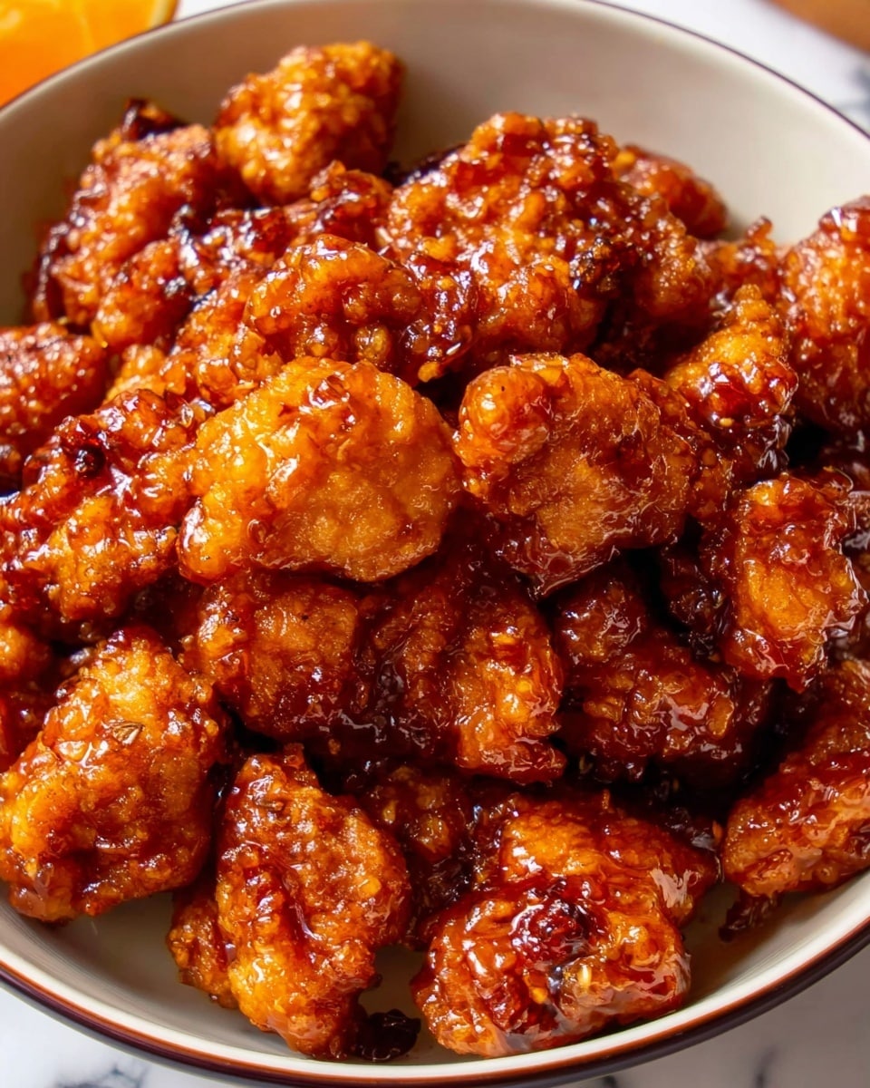 A white bowl filled with many pieces of fried chicken coated in a shiny, sticky, reddish-brown sauce that looks thick and glossy, covering each piece evenly. The chicken pieces are piled closely together, showing a mix of crispy and smooth textures. The white bowl has a red handle visible on the left side and sits on a white marbled surface. In the upper left corner, there is an orange partially visible next to a light-colored cloth. Photo taken with an iphone --ar 4:5 --v 7