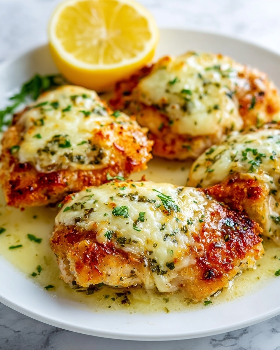The image shows four golden-brown pieces of breaded chicken on a white plate, each topped with a melted layer of light yellow cheese and sprinkled with small bits of green herbs. The chicken pieces have a crispy, textured crust with some browned spots and are sitting in a light pool of melted butter or sauce. In the background, half of a lemon is visible with a bright yellow color, adding a fresh touch. The surface under the plate is white marble, giving a clean and bright look. photo taken with an iphone --ar 4:5 --v 7