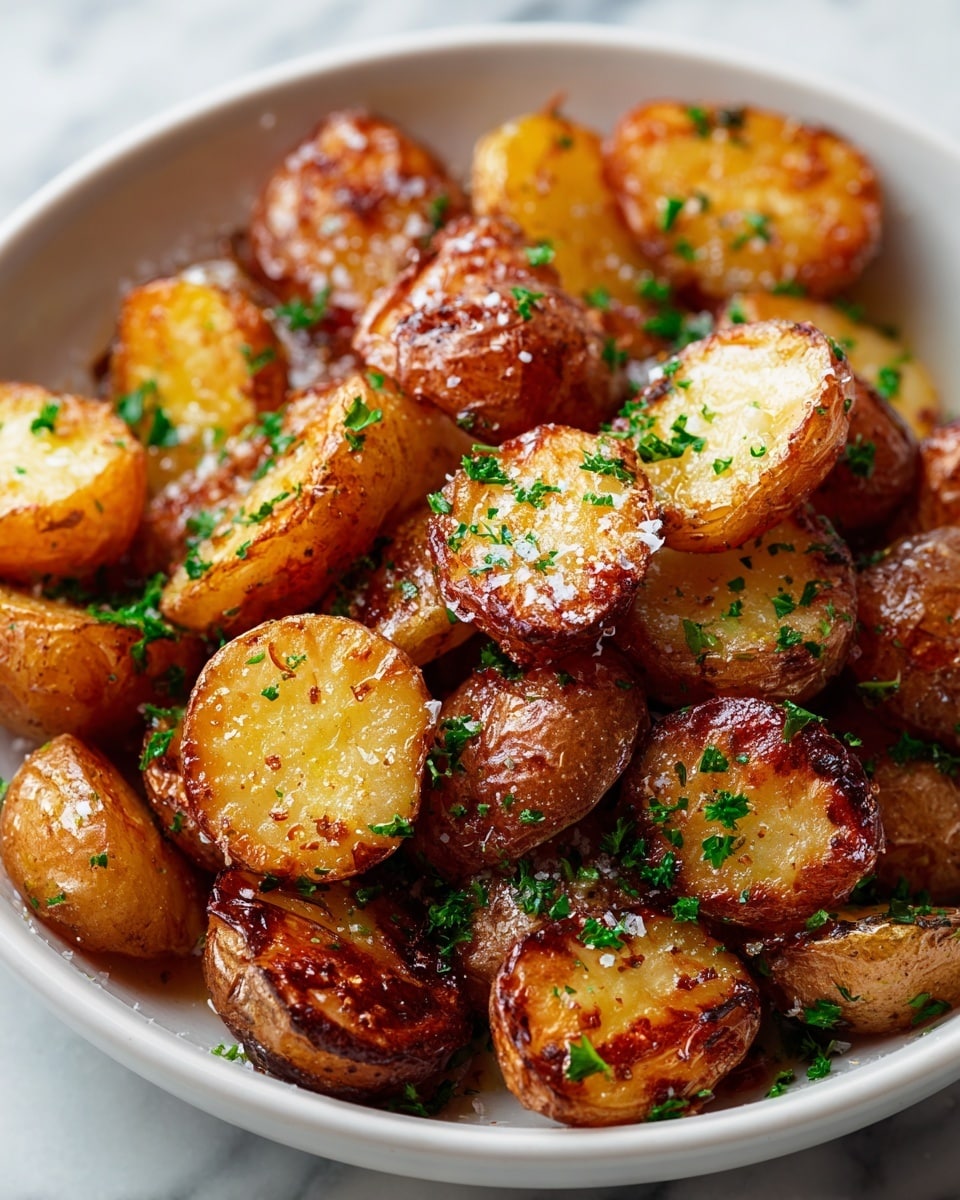The image shows a close-up view of crispy roasted baby potatoes, cut in half and placed in a white bowl lined with parchment paper. The potatoes have a golden-brown crispy skin with a soft, light yellow inside visible on each half. Small green parsley pieces are sprinkled on top, adding a fresh contrast, and coarse white salt flakes are scattered over the potatoes, enhancing the texture. The bowl is set on a white marbled surface, and the focus is tight, showing the crispy texture and seasoning details clearly. photo taken with an iphone --ar 4:5 --v 7