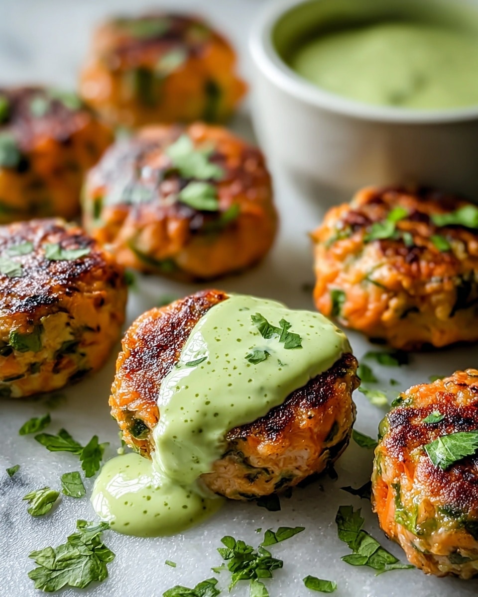 The image shows several small round patties with a grilled light brown and orange surface, mixed with green herbs inside. One patty in the front is topped with a smooth light green sauce that drips slightly down the sides. Chopped fresh green herbs are scattered around the patties on a white marbled surface. In the background, there is a white bowl filled with the same light green sauce. The light highlights the golden crispy texture on top of the patties, making them look juicy and fresh. Photo taken with an iphone --ar 4:5 --v 7