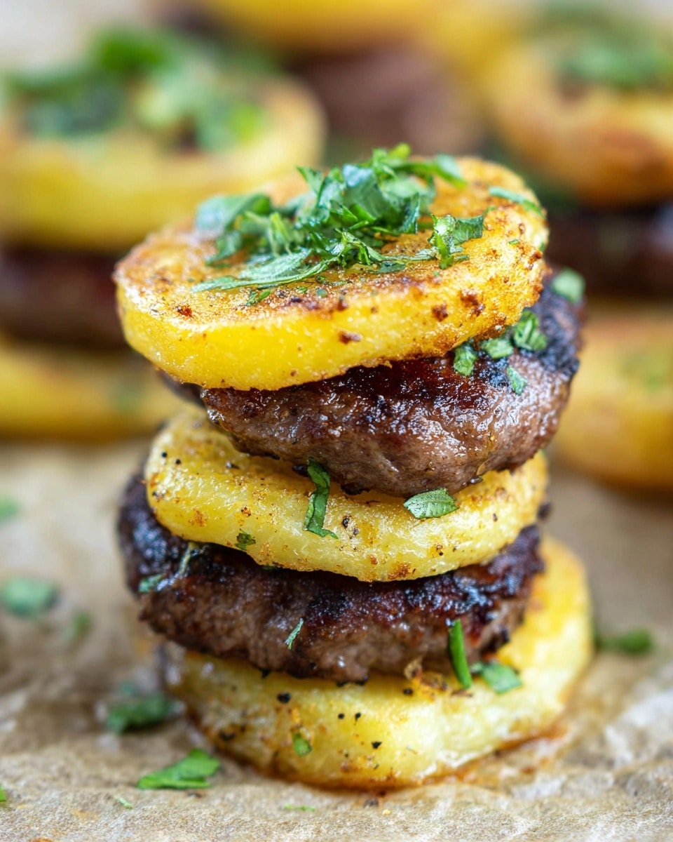 A close-up view of a stack made of four layers, starting with a golden-brown round piece of fried polenta at the bottom, followed by a thick, juicy piece of grilled beef with a dark brown sear, then another round piece of fried polenta with a crispy edge, topped again by a thicker grilled beef slice, and finished with a final round piece of fried polenta on top, garnished with small chopped green herbs. The stack is placed on a white marbled surface, showing a warm, textured look from the food's crispiness and grill marks. Photo taken with an iphone --ar 4:5 --v 7