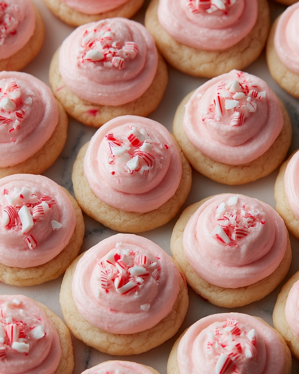 A round, white metal tin is lined with white paper patterned with red stripes and filled with small round sugar cookies. Each cookie has one layer of soft, light pink frosting swirled on top, and the frosting is sprinkled with small, chopped red and white peppermint pieces. The cookies have a smooth, pale texture and look soft. The tin is partially covered with a white lid tied with a red and white striped ribbon. In the background, there is a light blue cup filled with hot chocolate topped with small white marshmallows, sitting on a white marbled surface next to a white plate holding one cookie with pink frosting and peppermint pieces. A woman’s hand is reaching toward the tin. The whole scene is on a white marbled surface. photo taken with an iphone --ar 4:5 --v 7