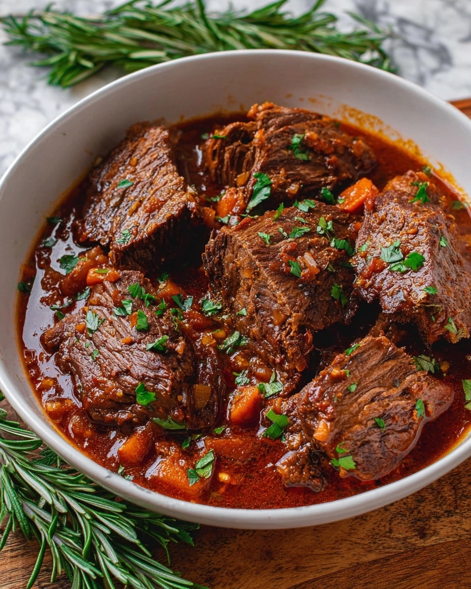 A dish with three main layers is shown in a close-up. The bottom layer is a smooth, creamy pale yellow mash spread in a wide ring shape on a white plate. The middle layer is a chunky orange-red vegetable stew with visible small pieces of carrots, onions, and tomatoes, covering the center of the mash. On top are three pieces of dark brown, tender cooked meat that look juicy with some green chopped herbs sprinkled over the dish. The plate sits on a white marbled surface with a blurred green plant in the background. Steam rises gently from the food, making it look warm and fresh. photo taken with an iphone --ar 4:5 --v 7