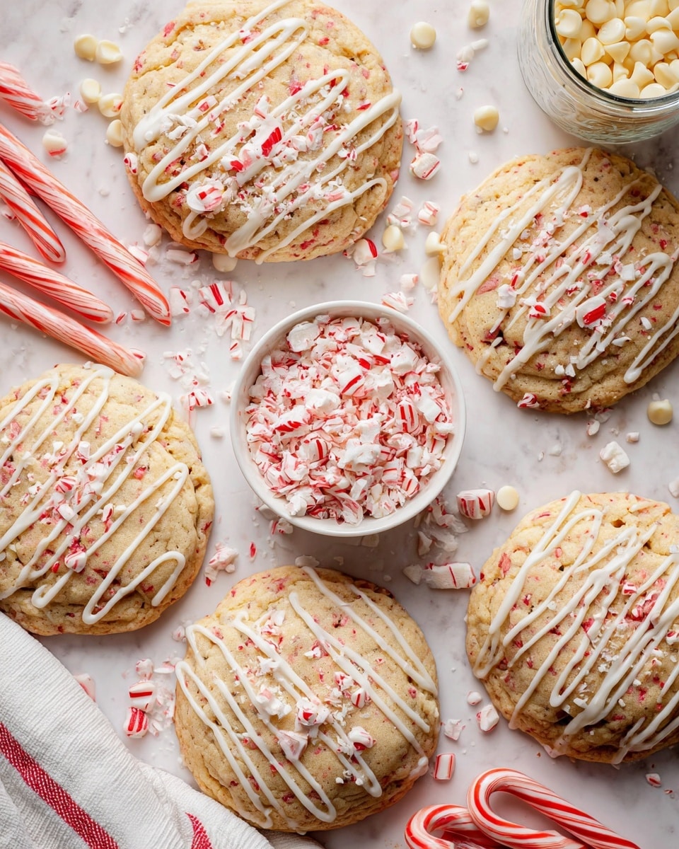Two large round cookies are placed on a white plate with scalloped edges, lying on a white marbled surface. Both cookies have a light golden-brown color with a slightly rough texture. They are decorated with thin white icing lines running diagonally across their surfaces and scattered small red and white crushed candy pieces on top. Around the cookies, there are a few whole and broken candy cane pieces in red and white stripes. On the upper left part of the plate, there is a small pink bowl filled with crushed peppermint candies. A white and red striped cloth is partly visible on the right side of the plate. Photo taken with an iphone --ar 4:5 --v 7