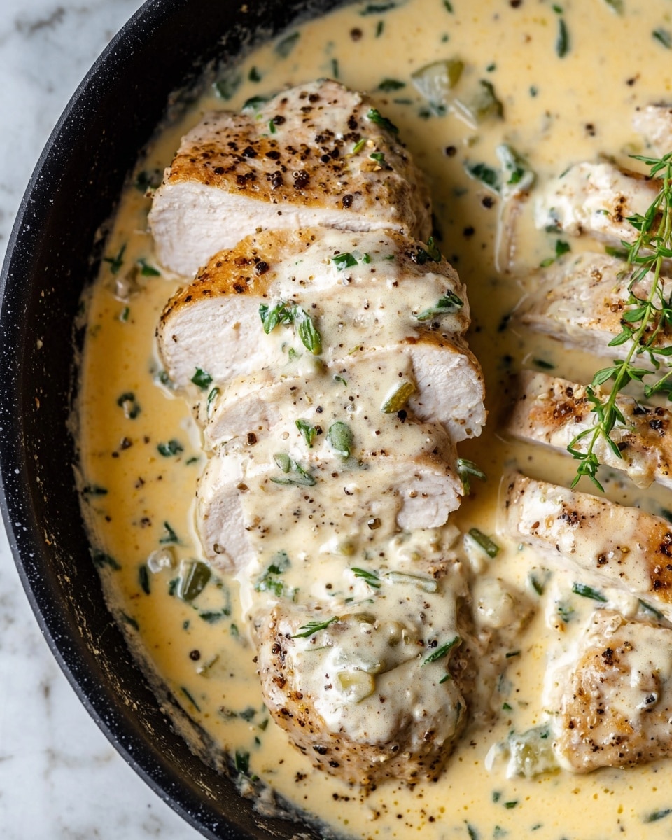 The image shows four large pieces of cooked chicken covered in a thick, creamy white sauce with specks of herbs and black pepper all over. The sauce has a smooth texture and pools around the chicken in a dark pan. Fresh green herbs, including thyme sprigs and chopped parsley, are sprinkled on top of each piece, adding pops of color. The chicken pieces are arranged close together, filling most of the pan. The background features a white marbled surface. photo taken with an iphone --ar 4:5 --v 7