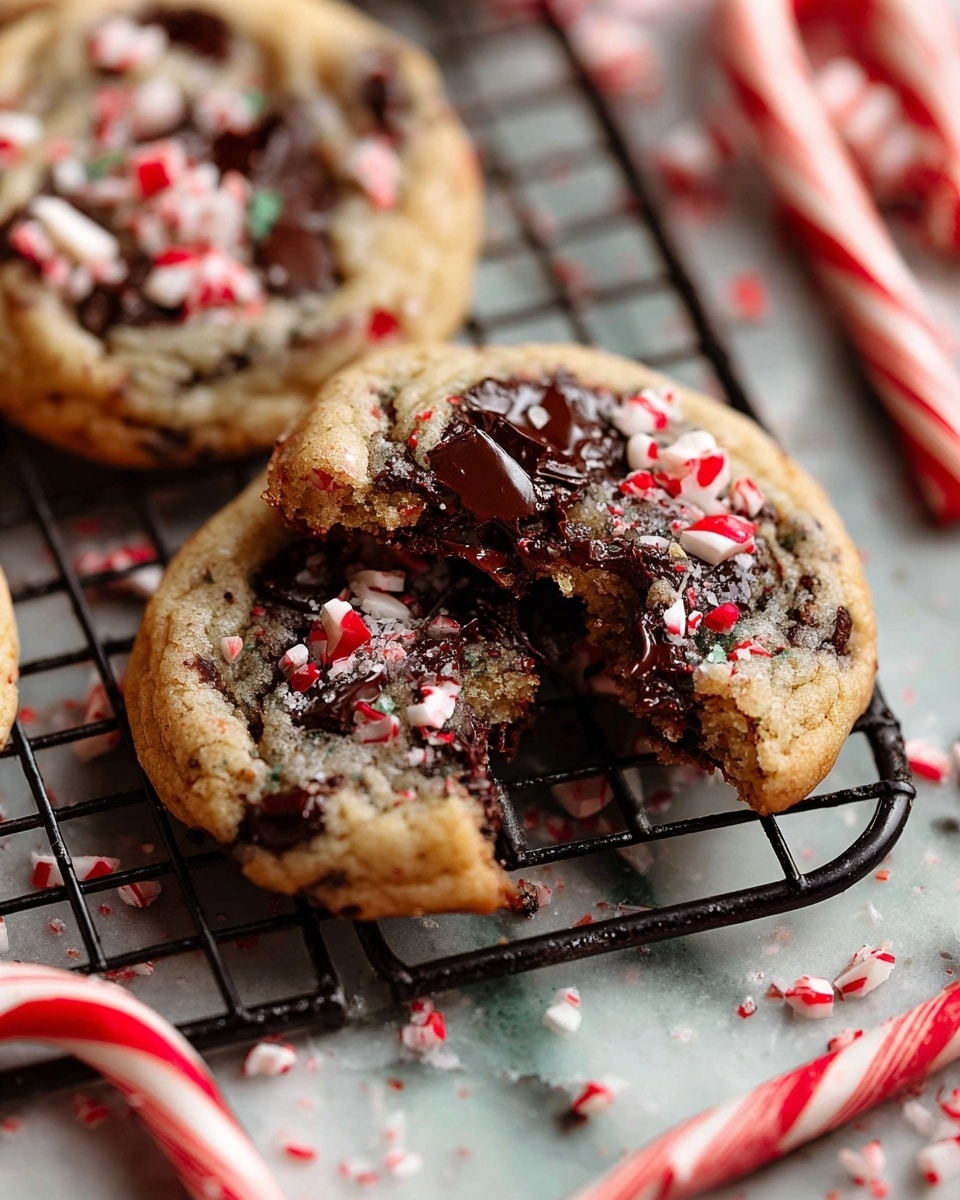 Two round cookies rest on a black wire cooling rack placed on a white marbled surface. The cookies have a light golden-brown base filled with dark melted chocolate chunks that create a shiny, soft texture. Crushed red and white peppermint candy pieces are scattered on top, giving a bright, crunchy contrast to the cookies. One cookie is broken in half, showing the melty chocolate inside and the chewy, soft interior with embedded peppermint pieces. In the background, there are whole and broken candy canes, and more cookies partially visible. The scene looks cozy and festive. photo taken with an iphone --ar 4:5 --v 7