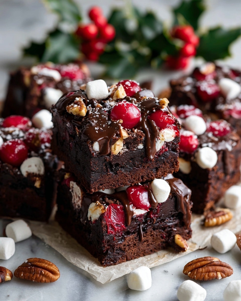 The image shows several thick, rich chocolate brownies arranged on a white marbled surface covered partially with parchment paper. Each brownie is topped with bright red cherries, white mini marshmallows, and chopped nuts, creating a colorful and textured layer above the dark brown base. The brownies have a dense and fudgy look with some melted chocolate drizzled on top. Around the brownies, whole pecans and extra mini marshmallows are scattered, adding to the cozy, festive feel. A small green holly decoration with red berries is visible on the side, enhancing the holiday vibe. photo taken with an iphone --ar 4:5 --v 7