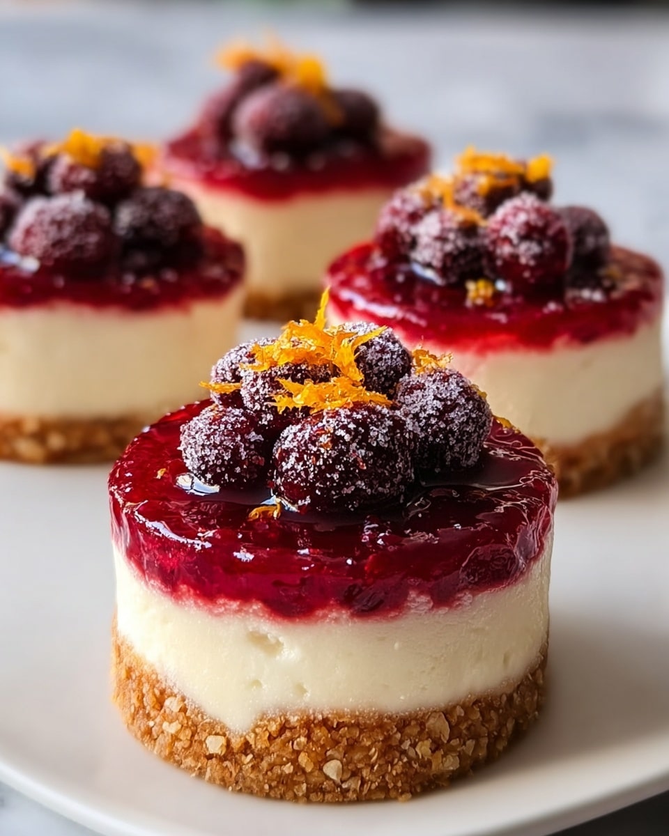 The image shows small round cakes with three clear layers. The bottom layer is a crumbly light brown crust, looking crunchy. The middle layer is creamy white, smooth and thick. The top layer is bright red with a shiny, jam-like texture. On top of each cake, there is a small pile of fresh dark red berries, dusted lightly with sugar, and some orange zest scattered over them. The cakes sit on a white plate placed against a white marbled surface in the background. Photo taken with an iphone --ar 4:5 --v 7