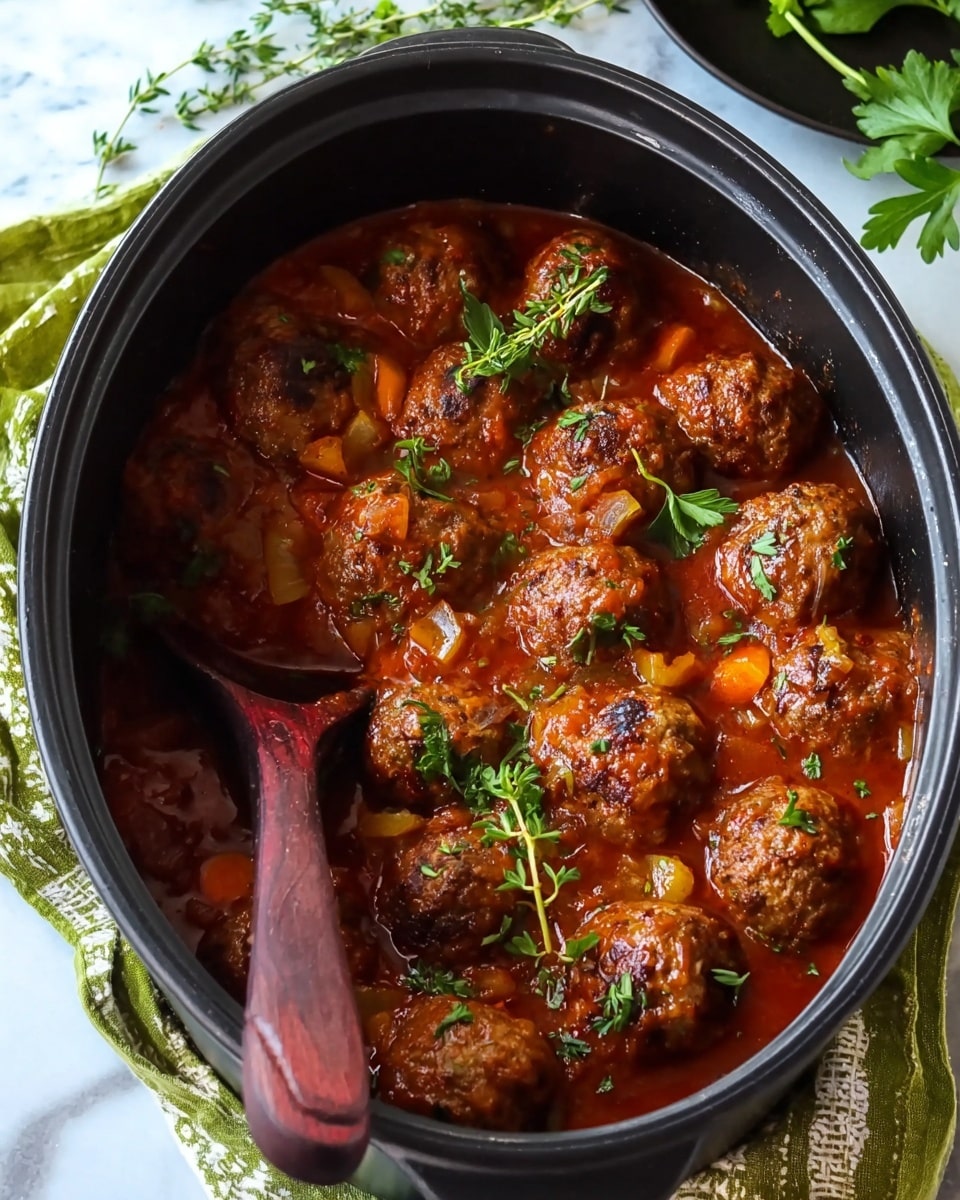 A rustic terracotta bowl filled with creamy mashed potatoes as the bottom layer, smooth and light yellowish in color; on top, there are three large, round meatballs, dark brown and slightly shiny from the sauce. A thick brown gravy sauce with visible chunks of orange carrots and small green herbs covers parts of the mashed potatoes and meatballs. Fresh green parsley leaves and a sprig of thyme are placed on top as garnish. A silver spoon is stuck upright in the bowl. The bowl is placed on a white marbled surface with a white cloth napkin featuring green leaf prints beside it. In the blurred background, there are two tall beer bottles. photo taken with an iphone --ar 4:5 --v 7