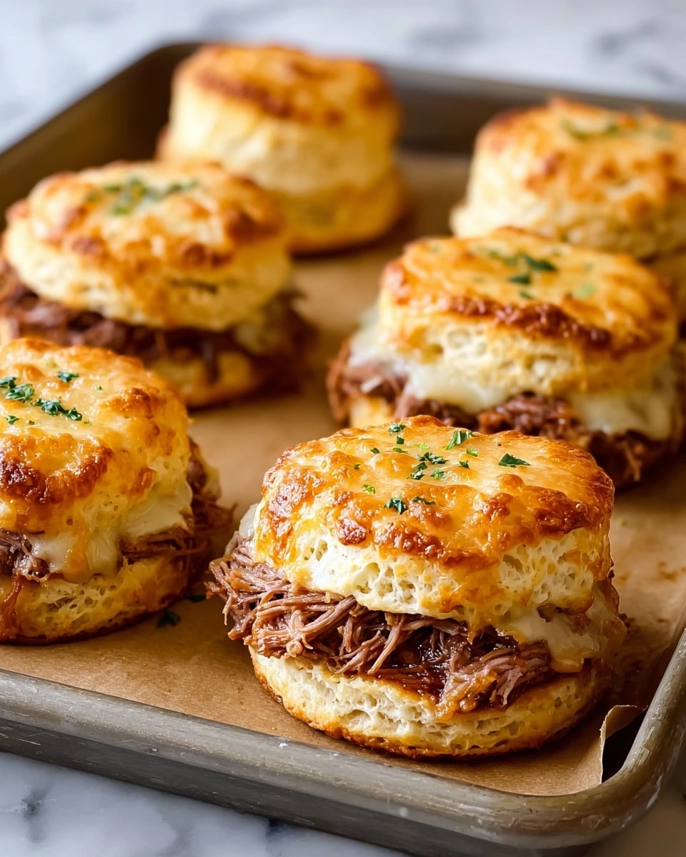 The image shows a close-up of six baked sandwiches on a metal tray with parchment paper. Each sandwich has two golden-brown biscuit layers; the top biscuit is covered with melted, slightly browned cheese sprinkled with small green herbs. Between the biscuit layers is a thick filling of shredded brown meat, visible around the edges. The biscuits are slightly puffy, flaky, and crispy on the outside. The tray is placed on a white marbled surface. photo taken with an iphone --ar 4:5 --v 7