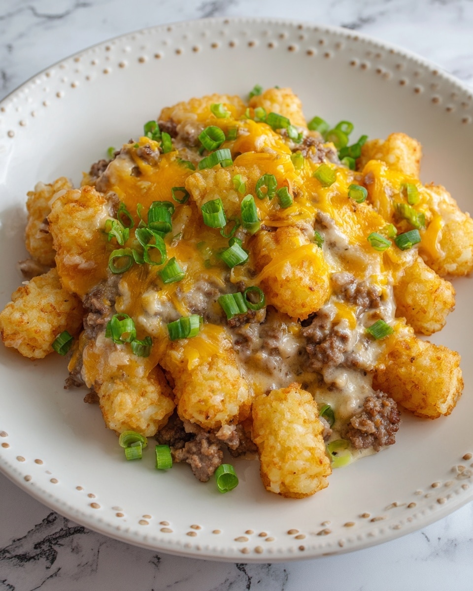 The dish shows one main layer of cooked ground meat with a light creamy sauce covering most parts. On top and mixed in, there are crispy golden tater tots, adding texture and a bright yellow color. Melted cheese is scattered through the dish, blending orange and yellow shades. Finally, green chopped scallions are sprinkled over everything, adding a fresh contrast. The food is on a white plate with a small dotted pattern near the edge, all on a white marbled textured surface. Photo taken with an iphone --ar 4:5 --v 7