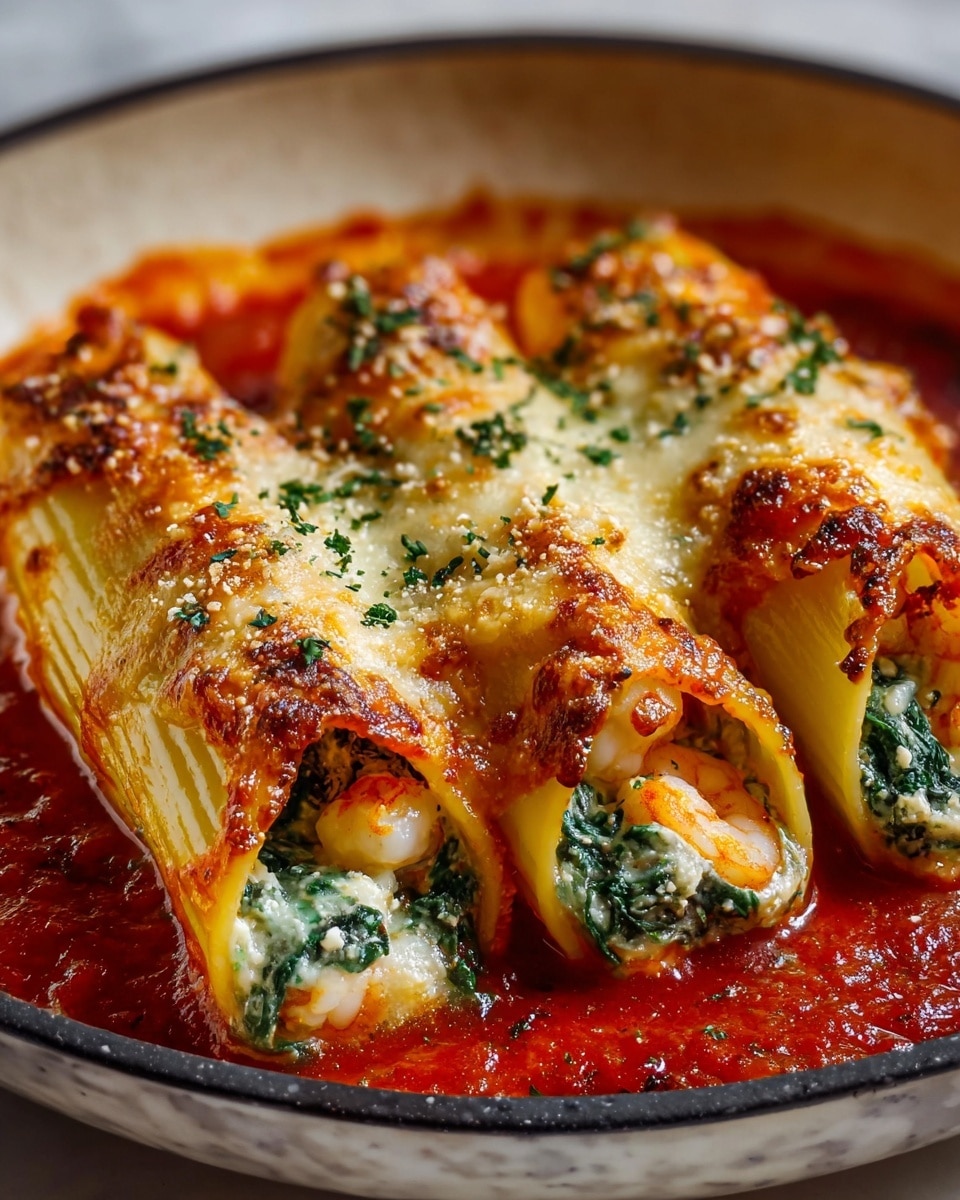 Shrimp and Spinach Stuffed Pasta Rolls with Roasted Red Pepper Cream Recipe - Recipe Image