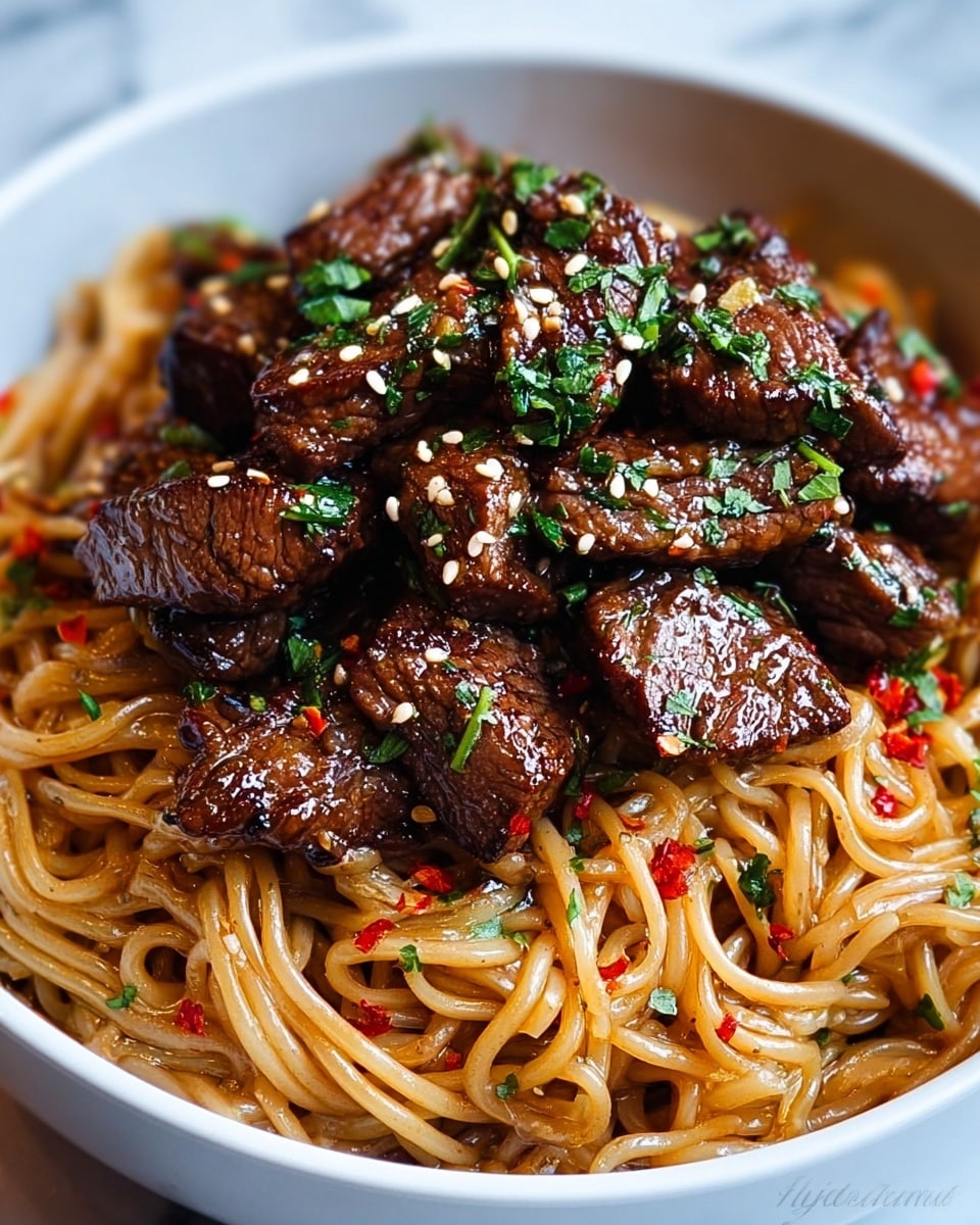 This image shows a dish with two main layers. The bottom layer is a bed of shiny light brown noodles, mixed with small bits of green herbs and red spice flakes, giving it a textured look. On top, there is a pile of dark brown grilled meat cubes that look juicy and tender, sprinkled with more green herbs and white sesame seeds, which add small specks of contrast. The dish is served in a white bowl, placed on a white marbled surface. photo taken with an iphone --ar 4:5 --v 7