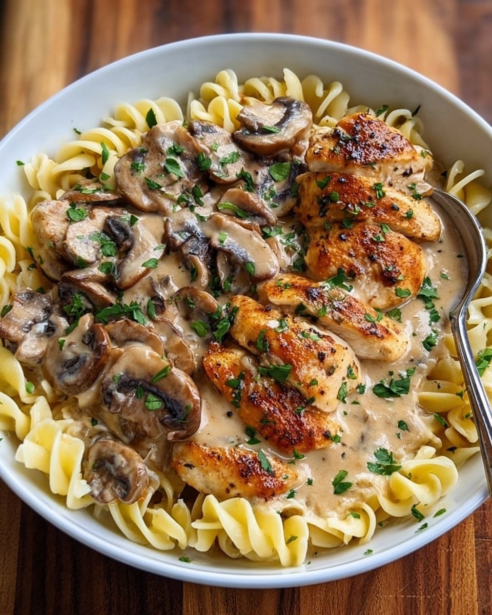 Tender Chicken Medallions in Mushroom Cream Sauce over Buttery Noodles Recipe - Recipe Image