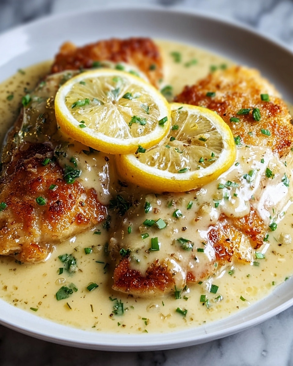 The image shows three pieces of golden brown fried chicken on a white plate. Each piece is topped with a thin slice of bright yellow lemon and sprinkled with finely chopped green herbs. There is a light, glossy sauce covering the chicken, with bits of translucent cooked onions adding a slightly shiny, soft texture on top. The background is a smooth white marbled surface. photo taken with an iphone --ar 4:5 --v 7