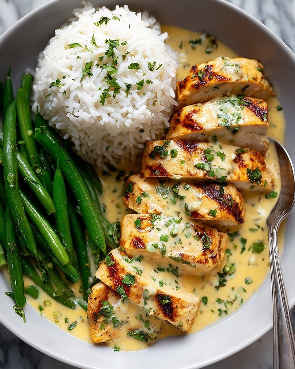 Creamy Herb Chicken with Green Beans & Steamed Rice Recipe - Recipe Image