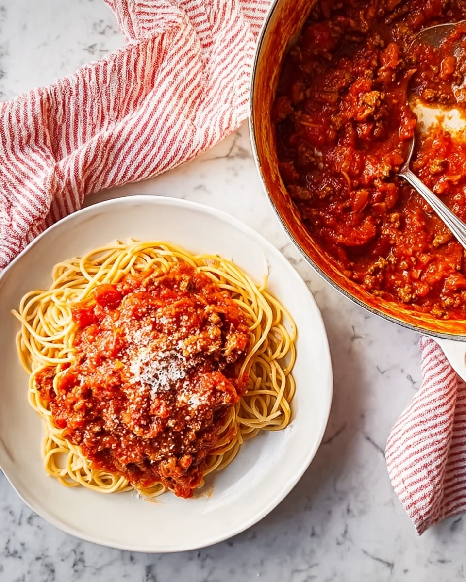 A large white pot filled with thick red tomato sauce mixed with brown cooked ground meat and small bits of red vegetables. The sauce has a rich, chunky texture with steam rising from it. A wooden spoon with some sauce on it is resting inside the pot, slightly stained red from the sauce. The pot is placed on a white marbled surface. photo taken with an iphone --ar 4:5 --v 7