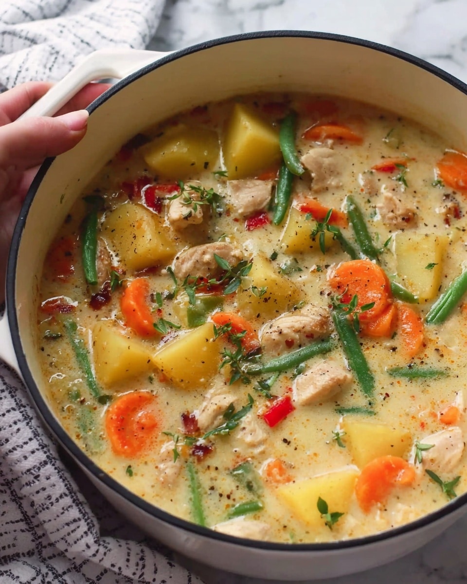 The image shows a white pot filled with a creamy soup with many colorful ingredients. The soup has chunks of light brown cooked chicken spread through it. There are large yellow potato pieces and bright orange carrot slices mixed inside. Green beans and red pepper bits add more color to the soup. Small green herb leaves float on top, giving a fresh look. The creamy broth looks smooth and thick, and you can see black pepper flakes sprinkled on the surface. A woman's hand is holding the pot on a cloth with a white marbled background. Photo taken with an iphone --ar 4:5 --v 7