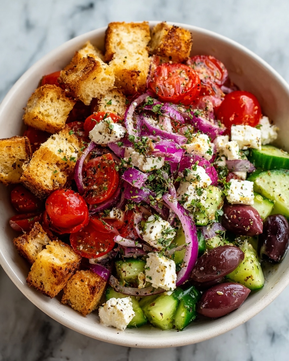 The image shows a bowl filled with a colorful salad made of several layers and textures. The base layer is sliced cucumber pieces with a fresh green color, mixed with small chunks of white feta cheese. On top of this, there are halved bright red cherry tomatoes and rings of thin purple-red onion slices scattered throughout. Dark purple Kalamata olives are also dispersed across the salad. The uppermost layer consists of golden brown, crispy croutons that have a slightly rough texture. The salad is sprinkled with finely chopped green herbs and black pepper. All these layers are placed inside a white bowl set on a white marbled surface. photo taken with an iphone --ar 4:5 --v 7