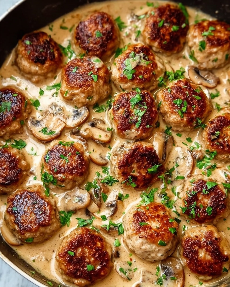 The image shows a close-up of a pan filled with about 15 browned meatballs, each with a crispy golden-brown outer layer, sitting in a creamy light brown sauce that covers the bottom of the pan. Scattered around and on top of the meatballs are sliced mushrooms, and small bits of green herbs sprinkled evenly over the dish, adding a fresh contrast in color. The texture of the sauce looks smooth and thick, and the meatballs appear juicy and tender inside with a slight charred texture on the outside. The background is a white marbled surface. photo taken with an iphone --ar 4:5 --v 7