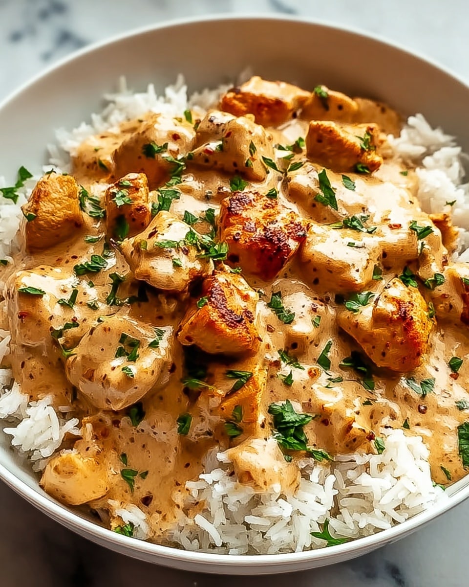 A white bowl filled with a base layer of white fluffy rice, topped with chunks of golden brown cooked chicken covered in a creamy light brown sauce with visible specks of spices. The dish is garnished with small pieces of fresh green herbs scattered on top. The bowl rests on a white marbled surface. photo taken with an iphone --ar 4:5 --v 7