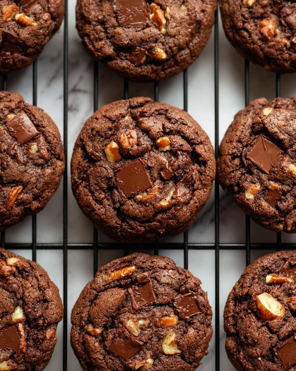 The image shows close-up chocolate cookies with visible chunks of melted dark chocolate and pieces of nuts embedded in the surface. Each cookie has a rough texture with a mix of smooth melted chocolate patches and crunchy nut bits spread evenly throughout. They are placed on a black cooling rack, which sits on a white marbled surface that adds a clean contrast to the dark cookies. The cookies are arranged in a grid-like pattern with soft edges and a slightly raised center. photo taken with an iphone --ar 4:5 --v 7