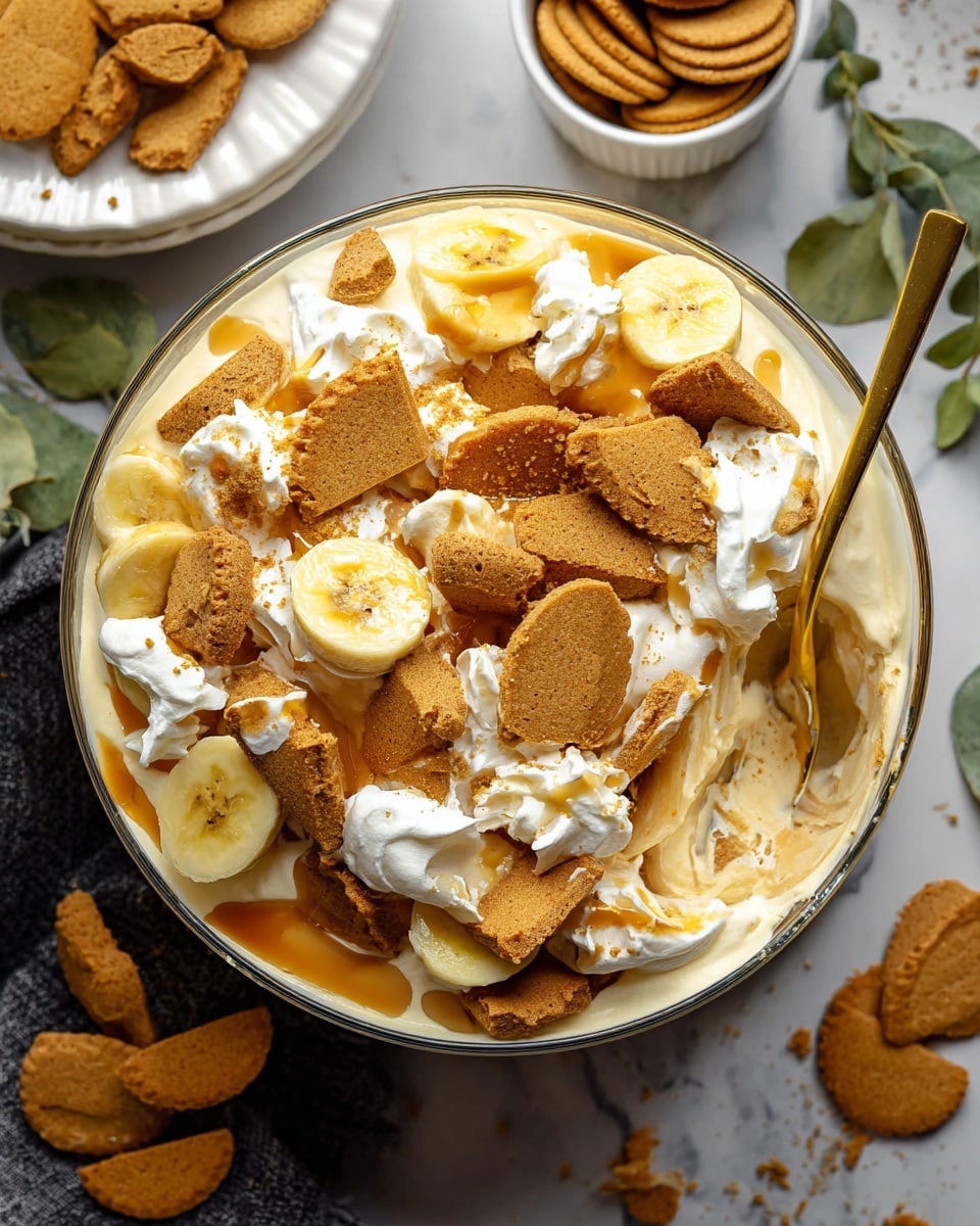 A clear round bowl filled with layered dessert on a white marbled surface, showing cream-colored pudding as the bottom layer, topped with white whipped cream and sliced yellow bananas scattered over it. Whole and broken light brown cookies are spread across the top, alongside darker brown cookie pieces, all drizzled with a light caramel sauce. A gold spoon stands on the right side, partially inserted in the dessert. In the background, a white plate with cookie pieces and a white bowl with stacked cookies are visible, along with small green leaves scattered around gently. photo taken with an iphone --ar 4:5 --v 7