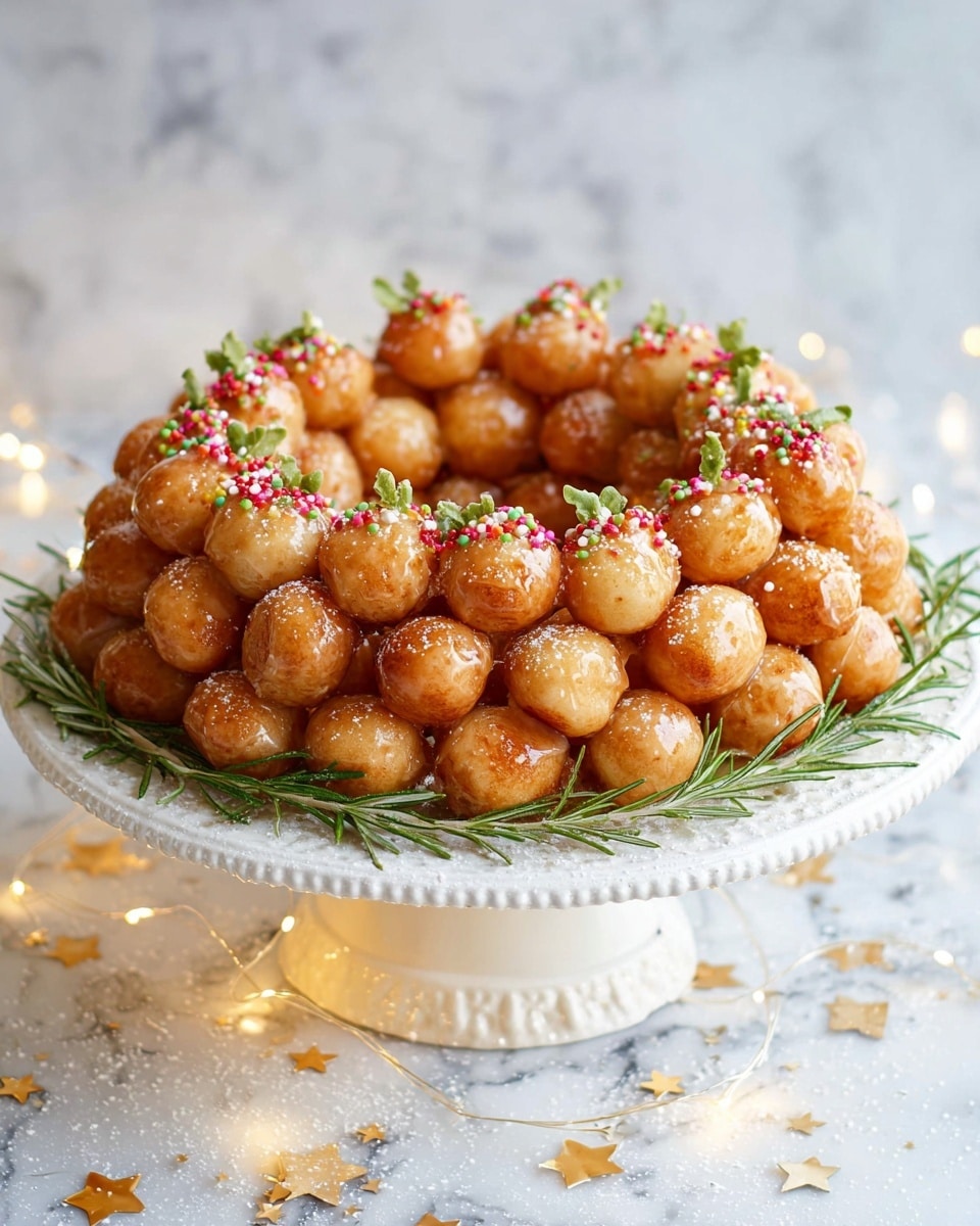 This image shows many small, round, golden brown dough balls stacked together in a white bowl with textured patterns on the inside. The dough balls are sticky and shiny, coated with a clear glaze that makes them look smooth. Small, colorful round sprinkles in red, green, white, and pink are scattered over the dough balls along with tiny green holly leaf-shaped decorations. Sprigs of fresh green rosemary with sugar crystals are placed around the edge of the bowl, adding contrast. The whole dish sits on a white marbled surface. Photo taken with an iphone --ar 4:5 --v 7