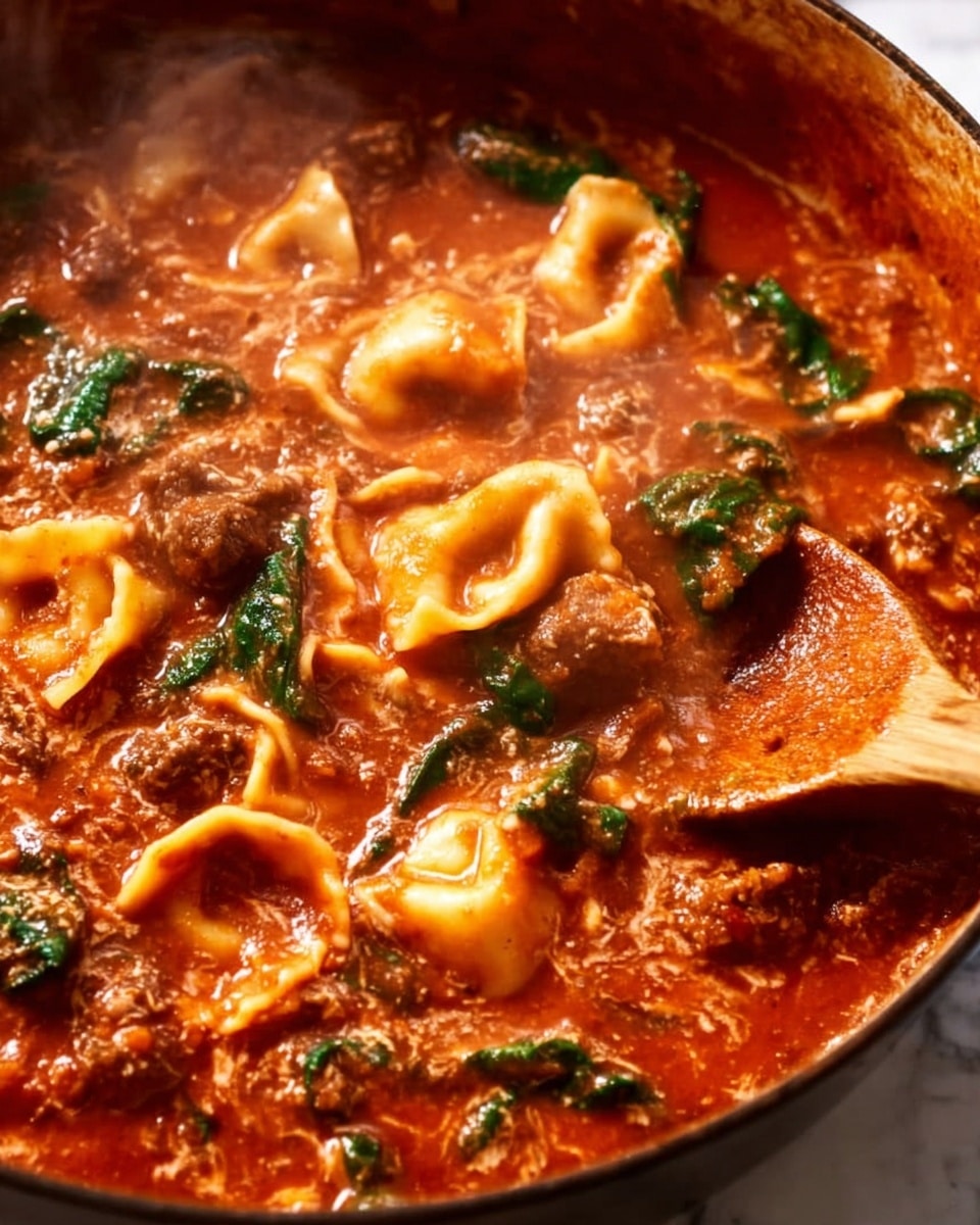 A close-up of a white bowl filled with thick, rich red-brown meat sauce that has visible small chunks of cooked ground meat and bits of green herbs mixed throughout. On top in the center, there is a dollop of white creamy sauce sprinkled with black pepper and small green herb pieces. Around the edge of the bowl, there are wide, ruffled pale yellow pasta pieces partially dipped in the sauce. The bowl sits on a white marbled surface. photo taken with an iphone --ar 4:5 --v 7
