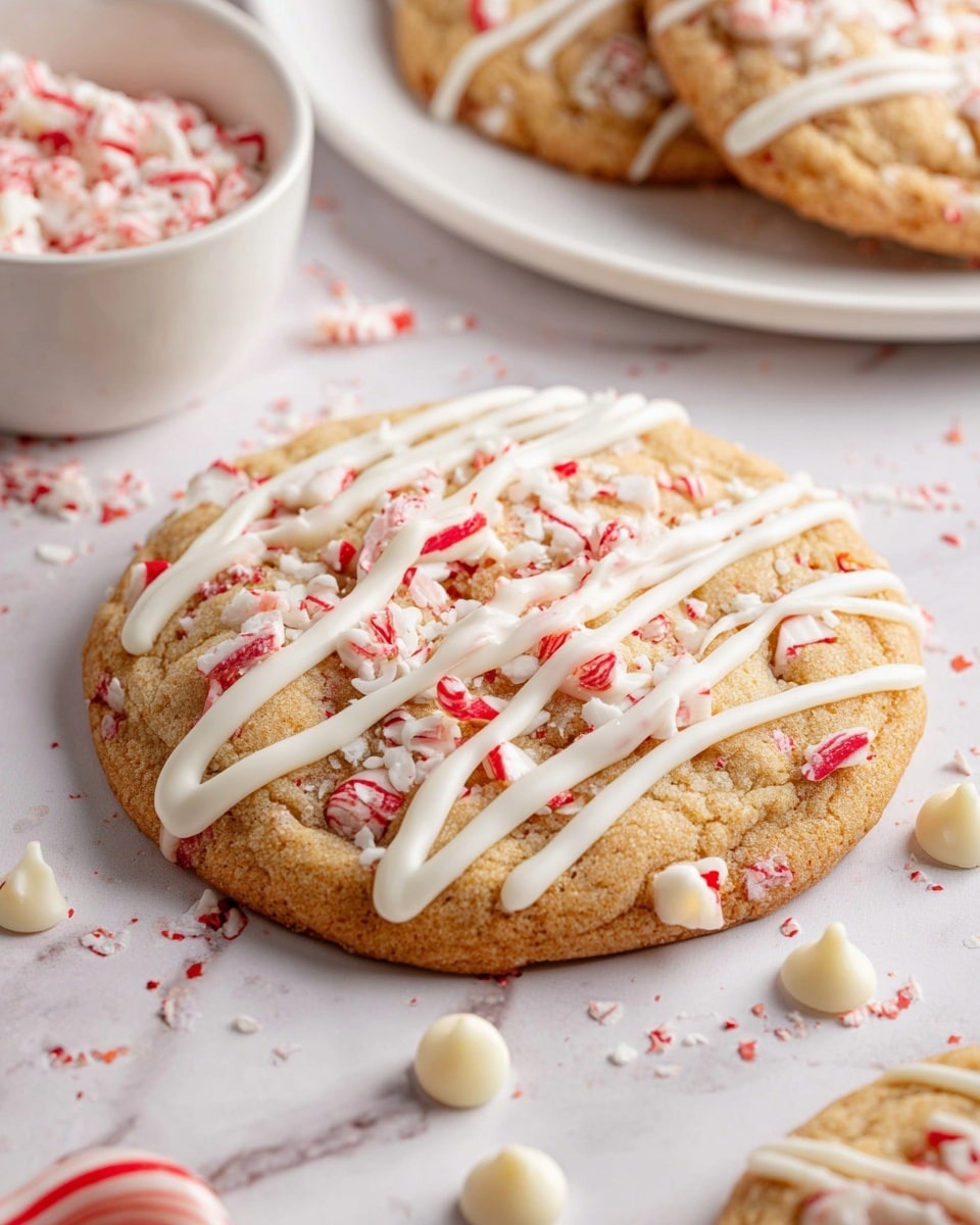 The image shows six large round cookies with a light golden color, speckled with small red and white bits, spread out on a white marbled surface. Each cookie is topped with white drizzle in thin lines across the top and sprinkled with crushed red and white candy cane pieces. In the center, a white bowl holds more crushed candy canes, showing a mix of red and white colors. Around the cookies, there are whole candy canes with red and white stripes and some white chocolate chips scattered near a clear glass jar filled with more white chocolate chips. A white and red striped cloth is partially seen on the bottom left corner. photo taken with an iphone --ar 4:5 --v 7