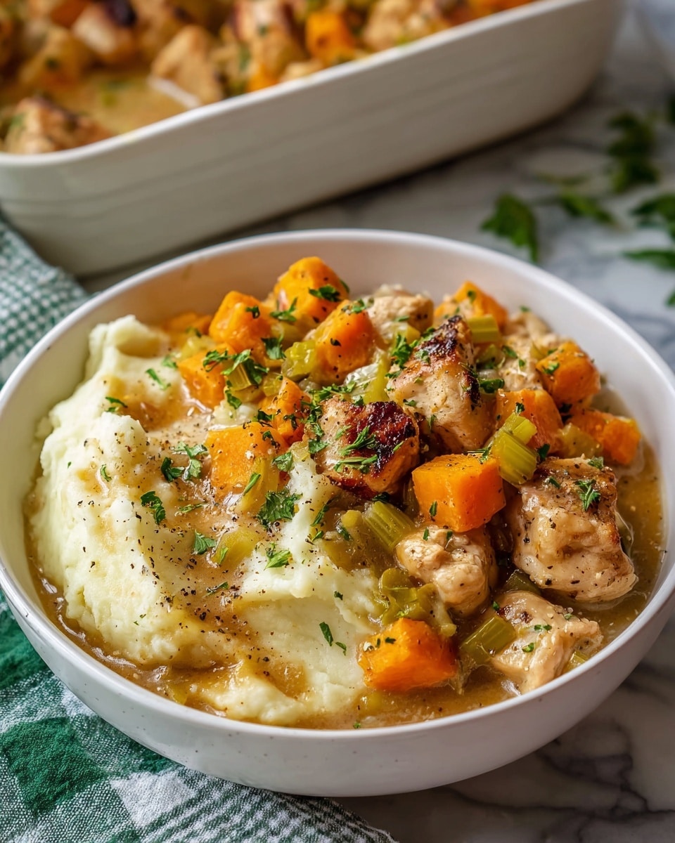 A close-up view of a white baking dish filled with golden brown chicken thighs that have a crispy, slightly charred texture on top; the chicken pieces are nestled on a bed of soft, bright orange chunks of cooked squash and light yellow cooked onions, all coated in a thick, light brown sauce. The dish is sprinkled evenly with small green herb pieces, adding freshness and color contrast. A silver spoon lifts one piece of chicken, showing off its juicy texture surrounded by the sauce and vegetables. The background surface is white with a marbled pattern. photo taken with an iphone --ar 4:5 --v 7