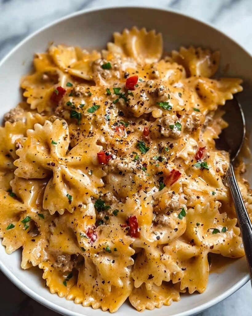 Parmesan Roasted Red Pepper Chicken Bowties in Garlic Cream Recipe