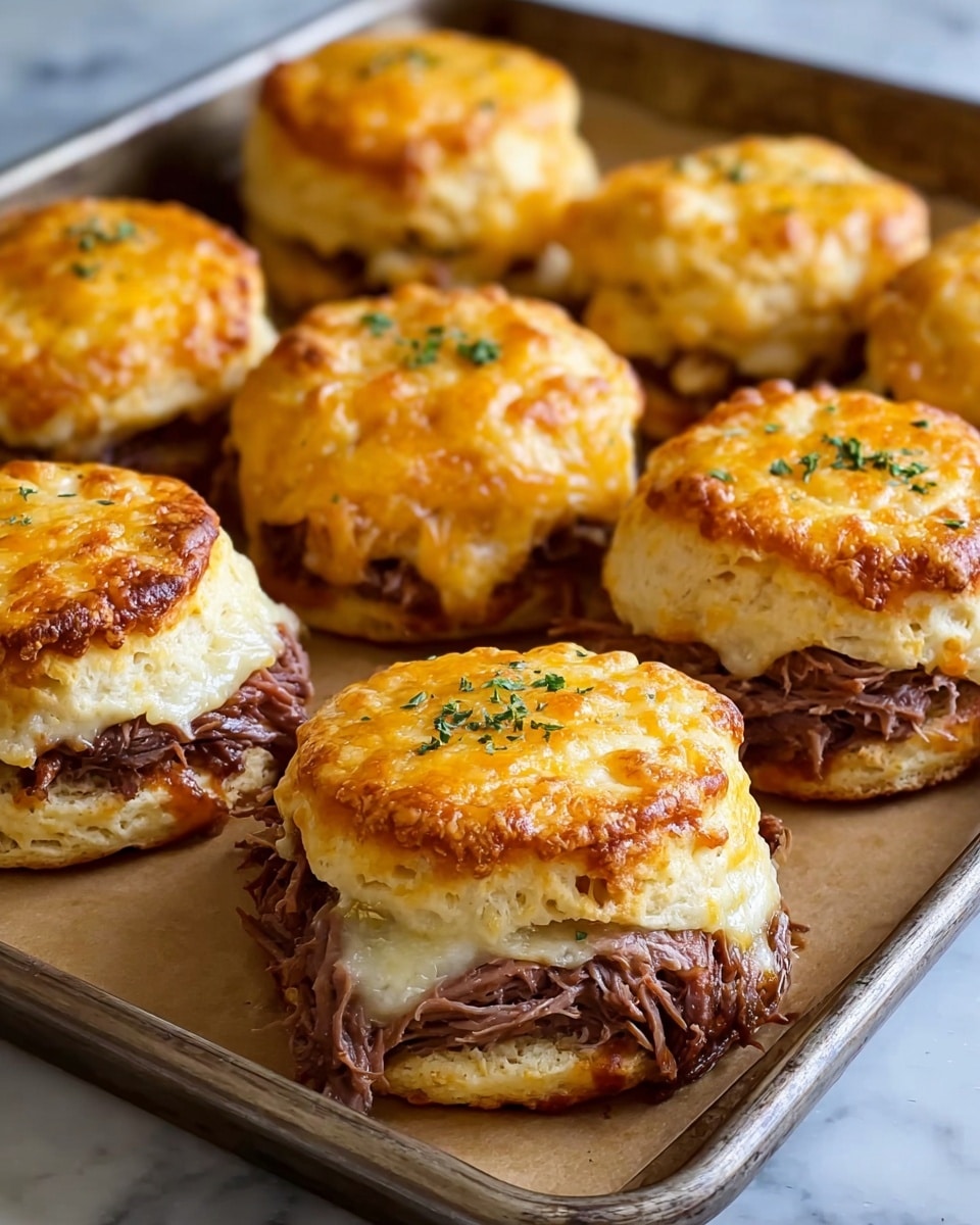 Golden-Brown Baked French Dip Biscuits with Roast Beef and Melted Cheese Recipe - Recipe Image