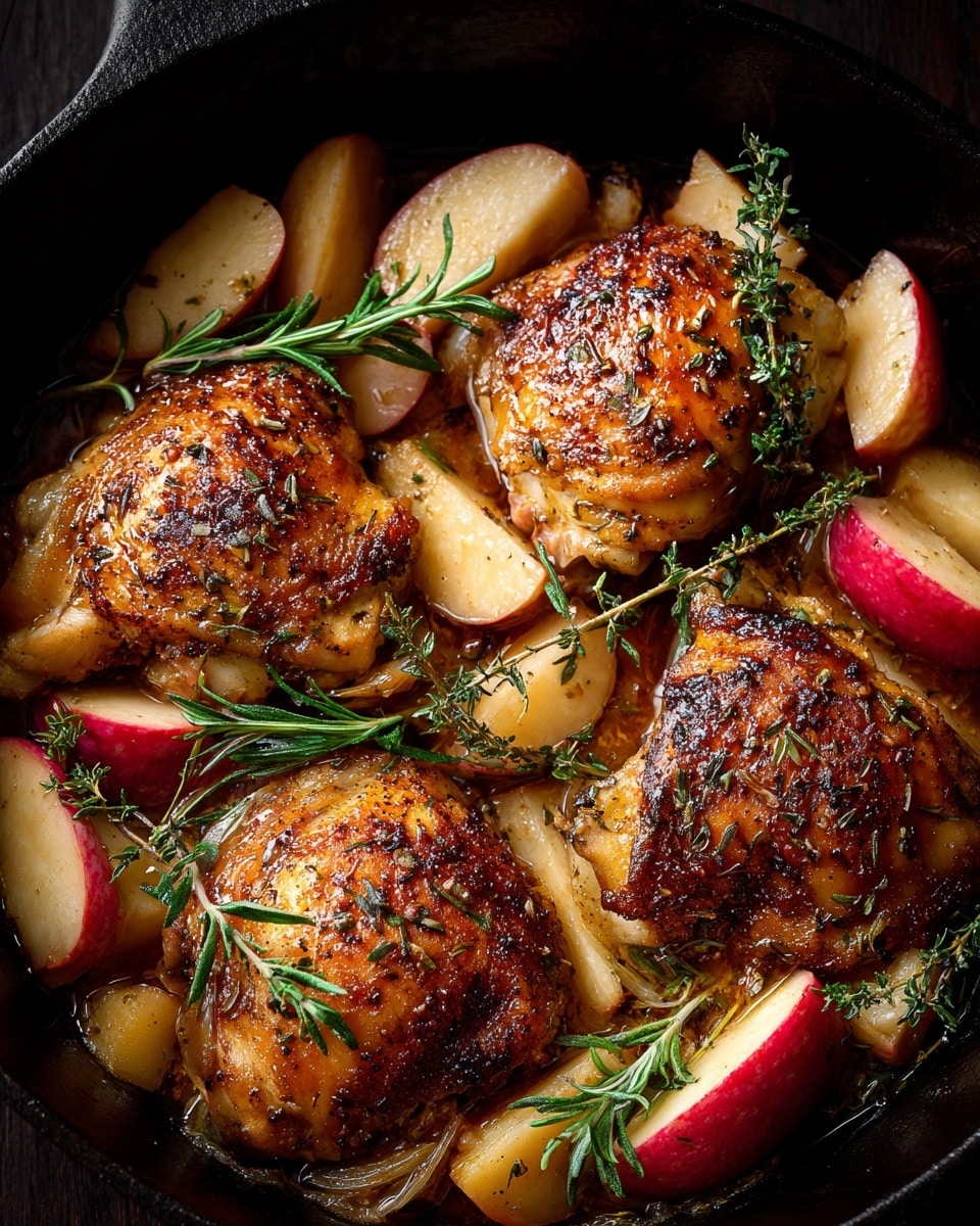 In a black cast iron pan, there are four golden brown cooked pieces of chicken with crispy textured skin, each placed separately in the pan. Around and between the chicken pieces, there are about fifteen pieces of apple wedges showing bright red skin and light cream flesh. There are also light golden cooked onion slices scattered around. Fresh sprigs of green rosemary and thyme are placed on top and between the chicken and apples, adding a pop of color. The dish has a shiny, slightly oily surface that reflects light, making the food look juicy and well-cooked. photo taken with an iphone --ar 4:5 --v 7