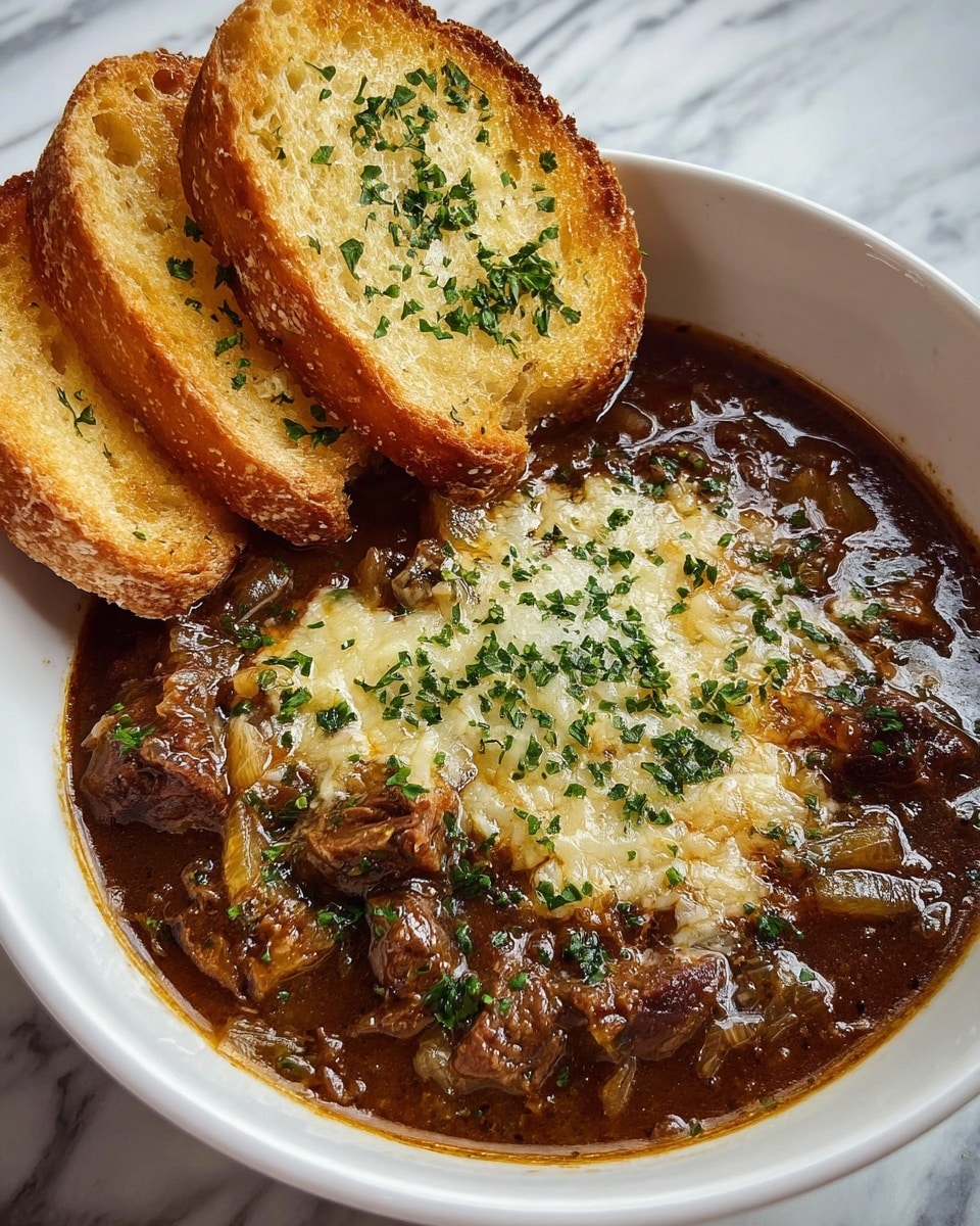 French Onion Beef Short Rib Soup with Toasted Cheese Bread Recipe - Recipe Image