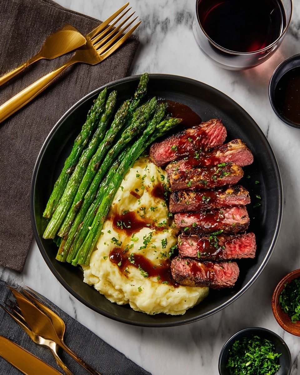 Bavette Steak with Roasted Garlic Pan Sauce, Mashed Potatoes, and Asparagus Recipe - Recipe Image