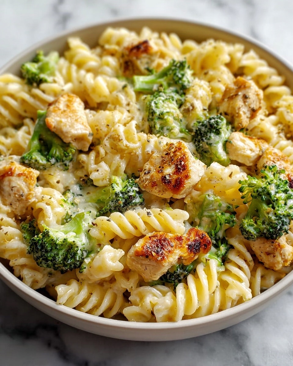 A close-up of a dish in a white bowl on a white marbled surface shows creamy pasta spirals as the base layer, light yellow in color with a smooth texture. Scattered evenly throughout are small pieces of golden-brown cooked chicken, slightly crispy on the edges, and bright green broccoli florets, which add a fresh, textured layer. The creamy sauce lightly coats all ingredients, giving a shiny finish. photo taken with an iphone --ar 4:5 --v 7