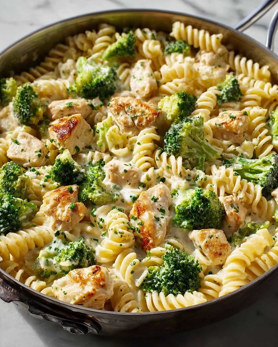 In a round pan with a wooden handle, there is a mixed dish of three main layers: the first layer is a bed of spiral-shaped pasta that is light tan in color with a smooth texture, the second layer consists of bright green broccoli florets placed evenly throughout the pasta, and the third layer includes shredded light beige chicken scattered on top. The ingredients are mixed together, showing a creamy, slightly shiny sauce coating them. The pan is placed on a white marbled surface. photo taken with an iphone --ar 4:5 --v 7