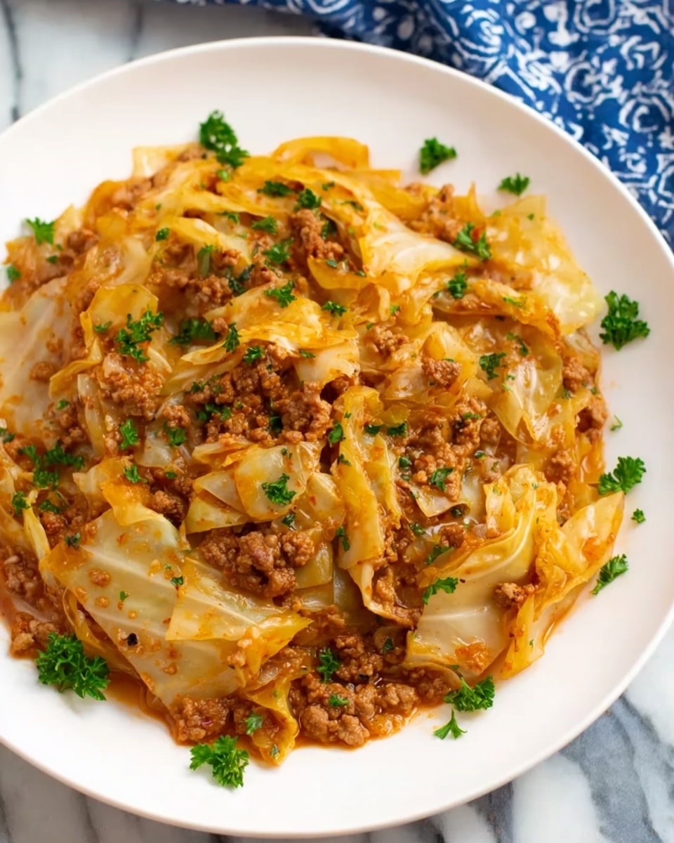 The image shows a round black pot filled with cooked cabbage and ground meat. The dish has layers of soft, slightly translucent cabbage leaves in light yellow and pale orange tones mixed with brown crumbled meat. The cabbage is cooked until tender and has a bit of sauce that adds a shiny texture. Small pieces of chopped green herbs are sprinkled on top for color contrast. The pot sits on a white marbled surface with some kitchen items visible around the edges. photo taken with an iphone --ar 4:5 --v 7