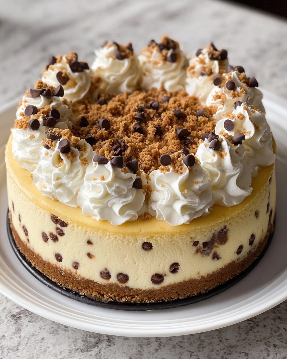 This image shows a round cheesecake with three clear layers: a bottom layer of brown crumb crust, a thick middle layer of creamy light yellow cheesecake dotted with small chocolate chips, and a top layer decorated with swirls of white whipped cream. The whipped cream swirls are evenly spaced near the edge and sprinkled with small dark chocolate chips and light brown crumbs. The cheesecake sits on a white plate, placed on a white marbled surface. Photo taken with an iphone --ar 4:5 --v 7