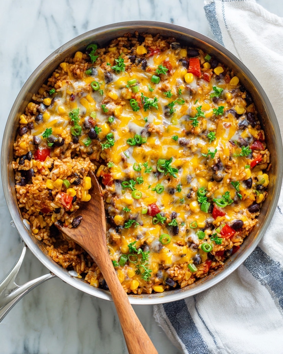 A round silver pan filled with a colorful mix of rice, black beans, yellow corn, and red bell pepper pieces. The top layer has melted yellow and white cheese melted unevenly, with chopped green onions and small green herb leaves scattered across. A wooden spoon rests on the left side inside the pan, lifting some of the mixture, showing a moist and textured look with the different ingredients well mixed together. The pan sits on a white marbled surface with a white cloth with thin blue stripes behind it. photo taken with an iphone --ar 4:5 --v 7