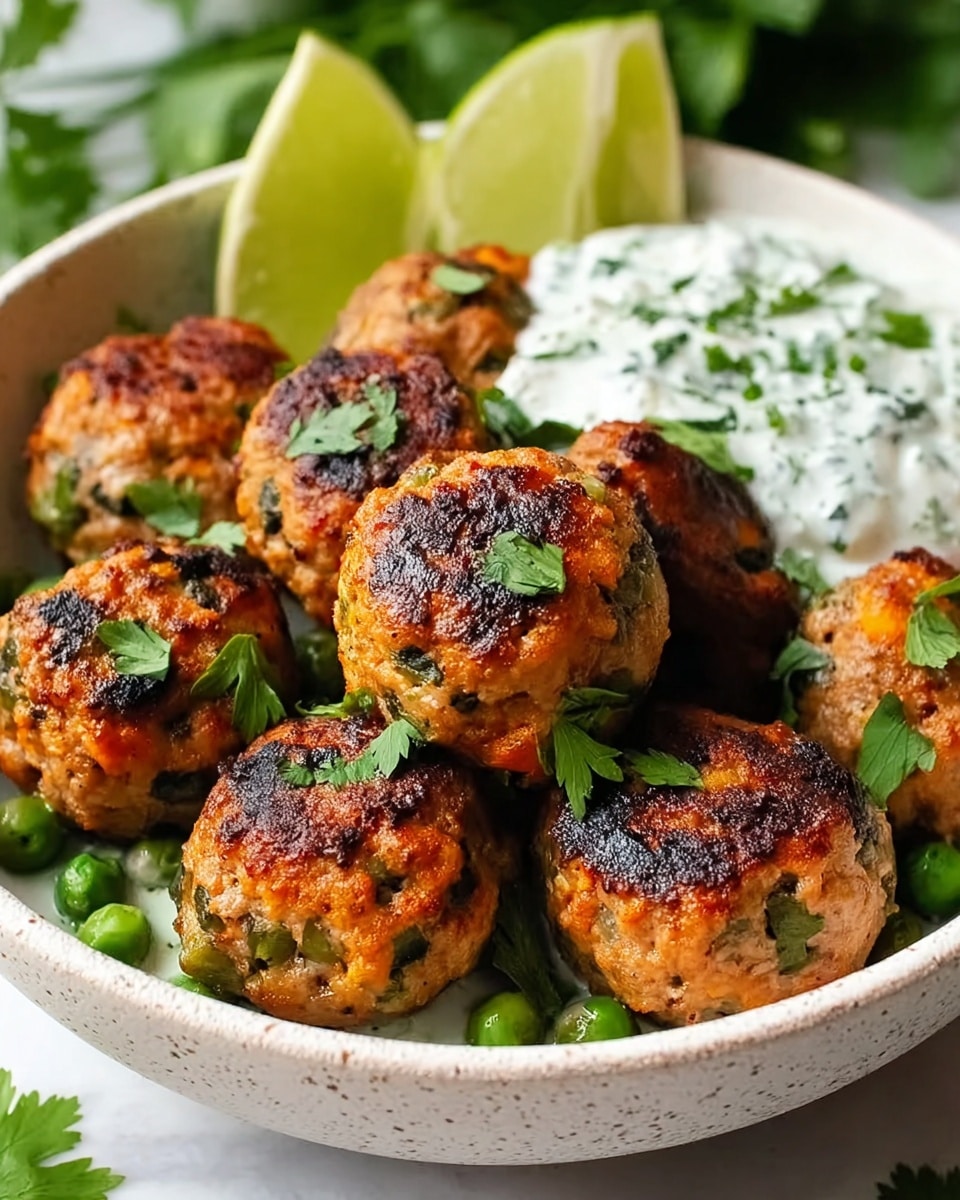 In a white bowl with black speckles, there are eight round, brown meatballs with visible green herbs and small green peas inside. These meatballs have a crispy, slightly charred outer layer with scattered chopped green herbs on top. Behind the meatballs, there is a portion of white creamy sauce with green bits mixed in, and two lemon wedges, one yellow and one green, partially hidden behind the sauce. The bowl is placed on a white marbled surface with some blurred green leaves in the background. Photo taken with an iphone --ar 4:5 --v 7