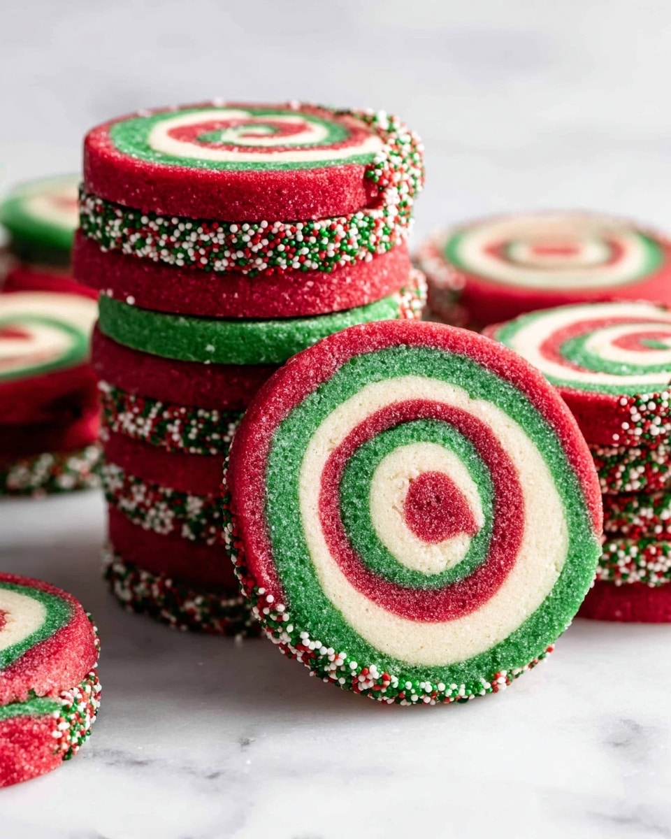The image shows several stacks of round pinwheel cookies placed on a white marbled surface. Each cookie has three colorful spiral layers: a green inner swirl, a white middle swirl, and a red outer swirl. The edges of the cookies are decorated with red, green, and white small round sprinkles, giving a festive look. Some cookies are stacked vertically in neat piles, while a few lie flat in the foreground and background, showcasing the spiral pattern clearly. The texture looks soft and the colors are bright and vibrant. photo taken with an iphone --ar 4:5 --v 7