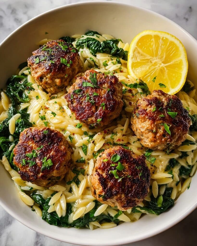 Lemony Chicken Ricotta Meatballs Over Garlic Spinach Orzo Recipe